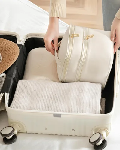 Miniatura 7 de HBlife Bolsa de maquillaje de viaje de doble capa, portátil, bonita bolsa de cosméticos de cuero, bolsa grande de maquillaje, organizador de Beige