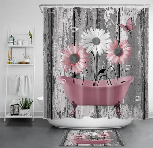 Miniatura 22 de HVEST Cortina de ducha geométrica rosa con ganchos, cortina de ducha moderna geométrica abstracta gris y blanco para baño, 72 x 72 pulgadas, juego