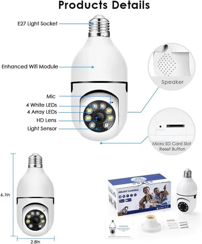 Miniatura 8 de EVERSECU Cámara de seguridad PTZ de bombilla inalámbrica de 1080P 2.0MP con conector E27, seguimiento automático de movimiento, audio bidireccional