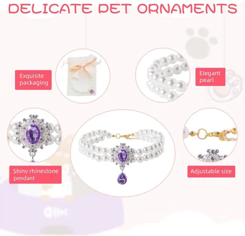Miniatura 4 de Collar de perlas de 2 filas para gatos, collar de perlas para perros, collares de diamantes de imitación para perros pequeños, accesorios de collar