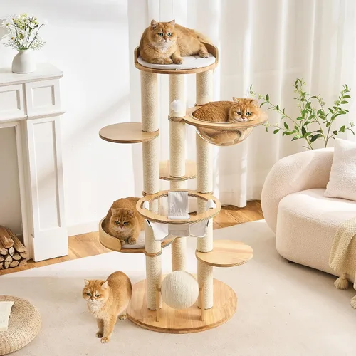 Miniatura 12 de 797Audio Moderno árbol de madera para gatos, árbol estético para gatos de 46 pulgadas con postes rascadores de madera de pino natural y condominio