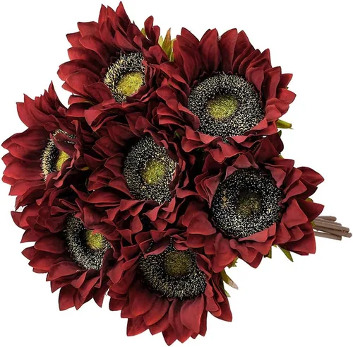 Laelfe 7 girasoles artificiales de seda, girasoles de otoño, vintage, burdeos, decoraciones para el hogar, boda, fiesta, centro oscuro a granel,