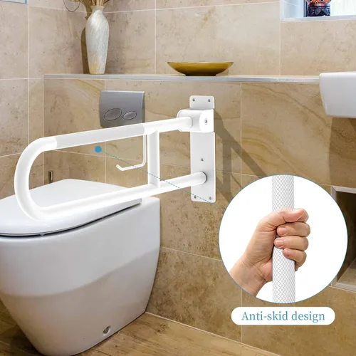 Miniatura 4 de Munzong - Barra de agarre para inodoro en forma de U de 32 pulgadas, riel de soporte antideslizante blanco, barra de agarre abatible para baño