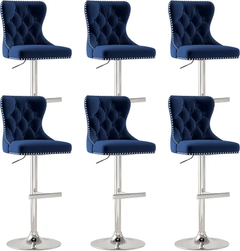 Miniatura 10 de Juego de 2 taburetes de bar, taburetes giratorios de terciopelo con respaldo copetudo, asiento ajustable con ribete de cabezas de clavos, sillas
