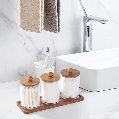 Miniatura 7 de Tbestmax - Soporte Qtip con bandeja de tocador, dispensador de recipientes de baño transparentes para almacenamiento, soporte para hisopos