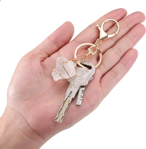 Miniatura 5 de Jovivi Llavero de piedra de cristal de cuarzo crudo natural, envuelto en alambre irregular, llavero de cristal curativo para mujeres y hombres