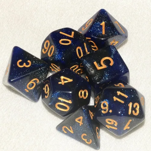 Miniatura 4 de Dados DND Galaxy de 7 piezas, con purpurina cósmica azul y negro mixto, dados DND poliédricos para juegos de mesa RPG MTG