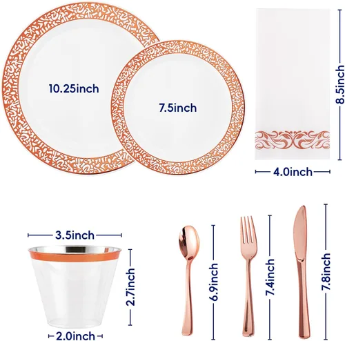 Miniatura 2 de Juego de vajilla desechable de plástico color oro rosa de 210 piezas: 30 platos de cena y 30 platos de postre y 30 tazas y 30 servilletas de papel