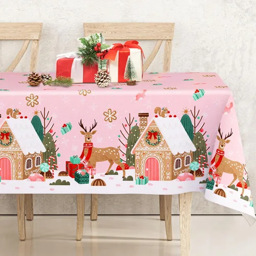 Mantel de Navidad Rosa de 60 x 104 Pulgadas Casa de Jengibre Reno Cubierta de Mesa Rectangular Mantel de Mesa para Navidad Hogar Granja Picnic Cena