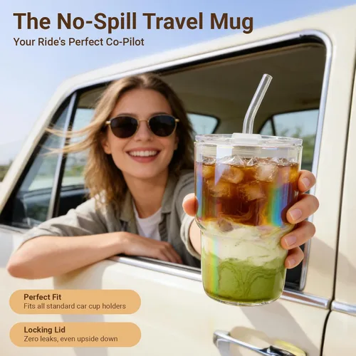 Miniatura 3 de Luxfuel Vaso de vidrio de 16 onzas con tapa y popote, taza de café helado reutilizable y vaso para batidos, vidrio de borosilicato a prueba de fugas