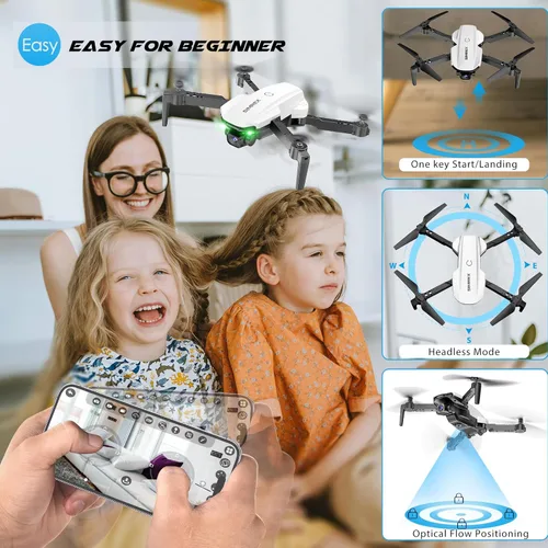 Miniatura 4 de SIMREX Dron con cámara para niños principiantes y adultos – Cuadricóptero RC plegable con retención de altitud, posicionamiento de flujo óptico