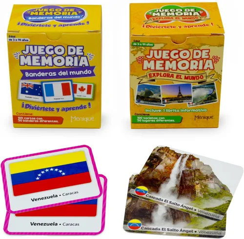 Menique Paquete de juego de memoria español – Banderas del Mundo + Explora el Mundo – 200 cartas, 100 pares – Banderas, capitales y lugares icónicos