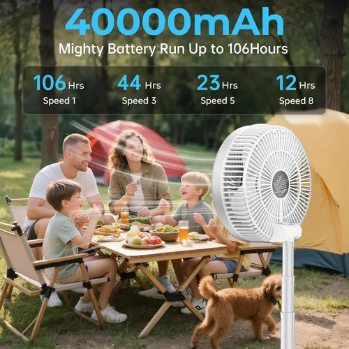 Miniatura 10 de Ventilador de viaje portátil de 40000 mAh, ventilador plegable recargable, funcionamiento de 106 horas, ventilador oscilante de pie de 8 Blanco