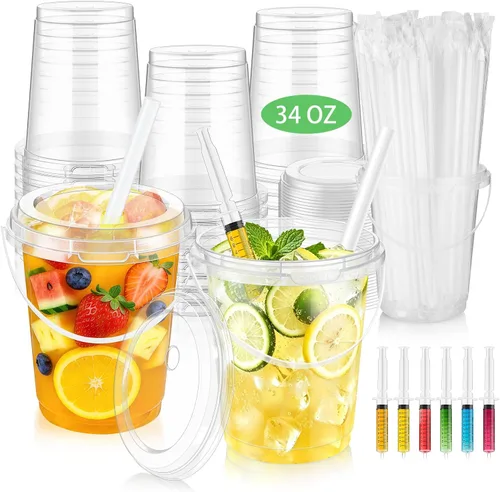 30 juegos de cubos de bebida de 34 onzas con tapas y pajitas, vasos desechables de plástico transparente con asas para ron, café helado, batidos,