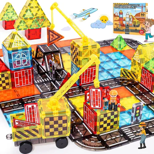 Miniatura 9 de Laminados magnéticos juguetes de construcción para niños - Set de carretera con grúa magnética para niños de 3-5 4-8 8-10 años, Set de expansión
