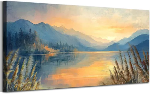 Miniatura 11 de Arjun Pintura de paisaje, puesta de sol, montaña, lago, lienzo, arte de pared, enmarcado grande, 40 x 20 pulgadas, azul suave, cálido, sereno