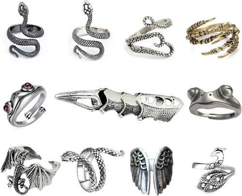 Hsarsup 11 Pcs Vintage Frog Rings Cute Animal Open Ring Retro Snake Rings Set Full Finger Ring Statement Biker Punk Rings for Women Girls Men (11pcs)