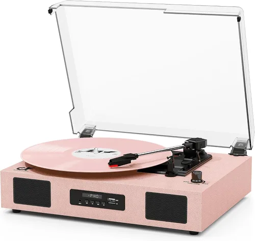 Miniatura 13 de Tocadiscos de vinilo Bluetooth con dos altavoces incorporados, grabación USB, transmisión por correa, 3 velocidades, tocadiscos para discos de Negro