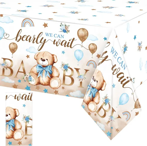 Miniatura 12 de Tegeme Paquete de 6 manteles de plástico con diseño de oso para baby shower, con texto en inglés «We Can Bearly Wait», para fiestas de cumpleaños