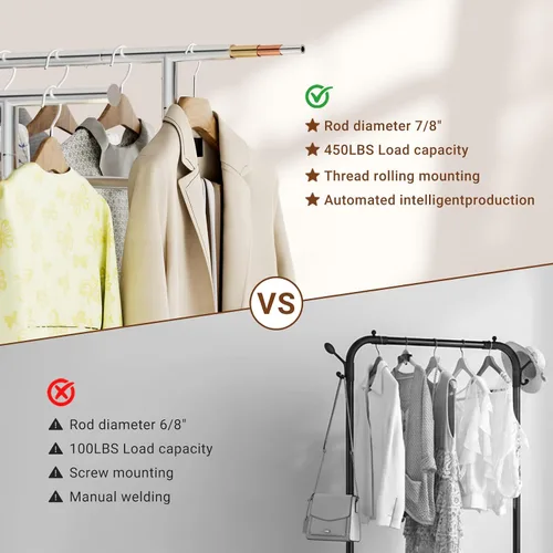 Miniatura 4 de TigerParty Perchero de doble barra para colgar ropa, perchero resistente de acero inoxidable resistente, perchero con ruedas para dormitorio