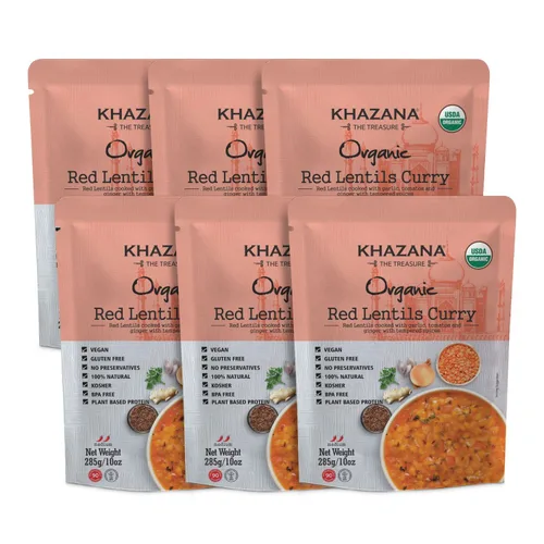 Khazana Comida india gourmet lista para comer comidas empaquetadas |USDA-Orgánico/Vegano/KETO|- Lentejas rojas al curry • 10 onzas (paquete de 6) •