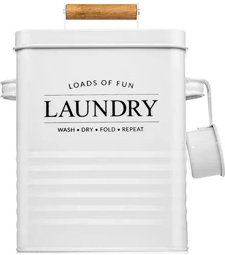 Calindiana Moderno dispensador de jabón de lavandería de metal con cuchara para decoración y organización que ahorra espacio, color blanco