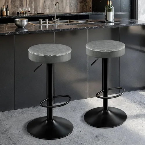 Miniatura 9 de STOOLINK Juego de 2 taburetes de bar ajustables sin respaldo de cocina con asiento redondo, taburetes de bar giratorios de 360° de altura de Gris