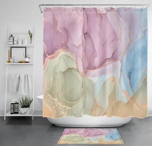 Miniatura 13 de LB Cortina de ducha abstracta de mármol, textura de mármol rosa y negro, cortina de ducha de arte moderno para baño, 60 x 72 pulgadas, tela