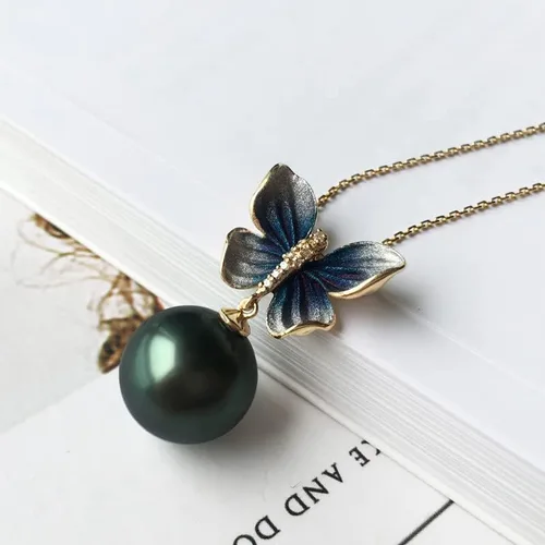 Miniatura 3 de Collar con colgante de mariposa de perlas negras reales para mujer con perlas cultivadas de Tahití negras genuinas de calidad AAAA+ Collar de oro