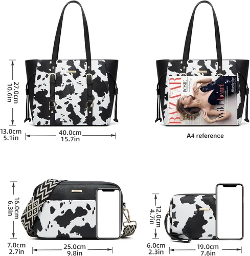 Miniatura 12 de Juego de 4 bolsas modernos para mujer de cuero sintético: bolso tote, bolso de hombro, bolso de mano y cartera.