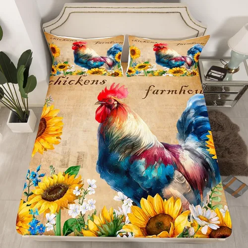 Miniatura 5 de Bonita sábana bajera ajustable para niños, tamaño individual, juego de ropa de cama rústica de pollo, decoración de dormitorio para niños y adultos