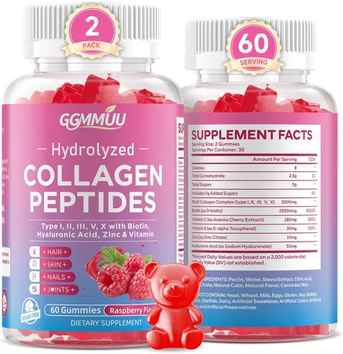Paquete de 2 gomitas de péptido de colágeno para mujeres y hombres, proteína de colágeno tipo I, II, III, V, X con biotina vitamina C, D, suplemento