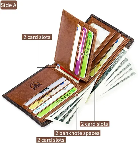 Miniatura 39 de LUKZIJAES Billetera de cuero genuino para hombre, con bloqueo RFID, delgada, plegable, bolsillo frontal, #3-Café, Vintage