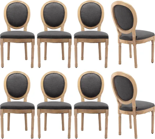 Miniatura 55 de Juego de 4 sillas de comedor francesas vintage, con respaldo redondo, tapizadas, de piel sintética, con ribete de cabeza de clavo y marco de madera