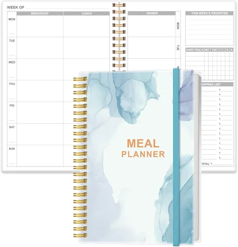 Agenda semanal de comidas, diario A5 semanal y diario de preparación de comidas con listas de compras y comestibles para planificación de menús, Azul