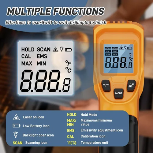 Miniatura 3 de Termómetro infrarrojo láser pistola de temperatura -58℉ a 1112℉, con calibración Cal y emisividad ajustable, medida mínima y máxima, para cocinar