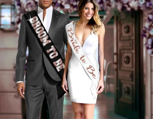 Miniatura 2 de Regalos de compromiso – Juego de 2: banda de satén blanco con diamantes brillantes de oro rosa y banda deportiva de oro rosa – Suministros para cena