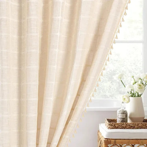 Miniatura 7 de MitoVilla - Cortina de regadera boho pequeña, 36 x 72 pulgadas, de poliéster con textura de lino beige, para decoración de baño estilo granja, juego