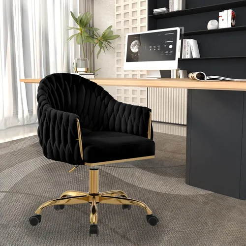 Miniatura 8 de Bonita silla de tocador con detalles de concha: silla giratoria ajustable y cómoda tapizada para oficina en casa, silla de maquillaje con brazos Oro