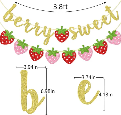 Miniatura 2 de Banner dulce de fresa y bayas, decoraciones de fiesta de fresa Suministros de fiesta temática de bayas de verano con purpurina dorada para baby