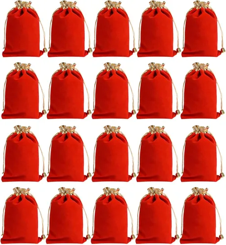 Miniatura 2 de KIPETTO Bolsas de terciopelo con cordón para Navidad, 25 unidades, bolsas de regalo de terciopelo con cordón, bolsas de joyería para dulces de Rojo