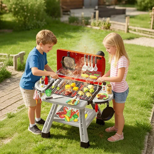 Miniatura 7 de Juego de Parrilla de Barbacoa para Niños, Juguetes de Cocina con Simulación de Luz y Sonido de Humo, Juego de Comida de Simulación para Niños