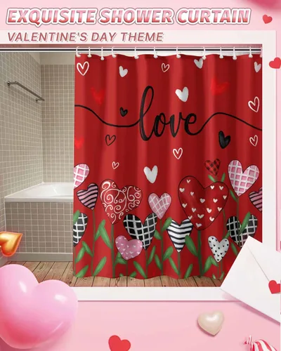 Miniatura 8 de Cortinas de ducha feliz día de San Valentín para baño gnomos, cortina de ducha de tela con ganchos, juego de cortina de ducha con corazones
