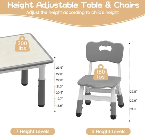 Miniatura 2 de Juego de mesa y 4 sillas para niños, mesa y sillas ajustables en altura para niños de 2 a 10 años, escritorio con graffiti, patas antideslizantes