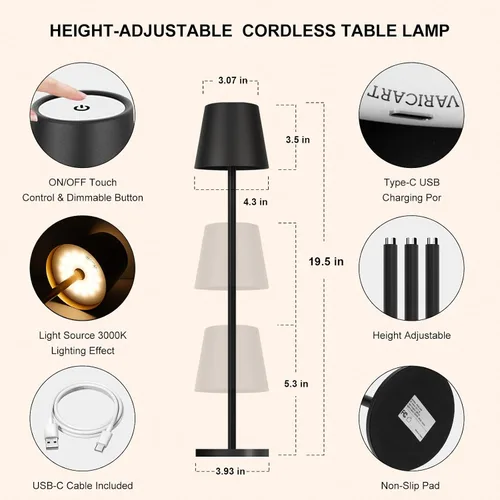 Miniatura 7 de Lámpara de mesa inalámbrica de metal, lámpara de batería recargable de 5000 mAh con 3 secciones de altura ajustable (8.8 a 20 pulgadas), control