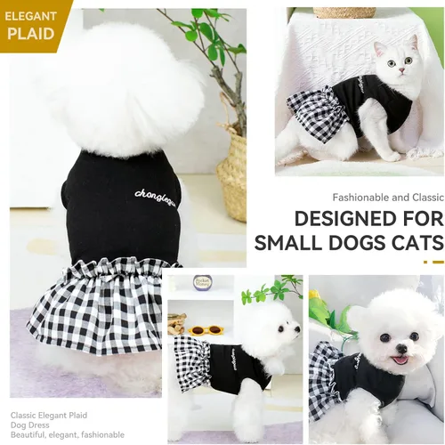 Miniatura 4 de PETCARE Vestido clásico para perros pequeños, vestidos negros a cuadros para perros, suave y lindo vestido de verano para cachorros, camisa Shih Tzu