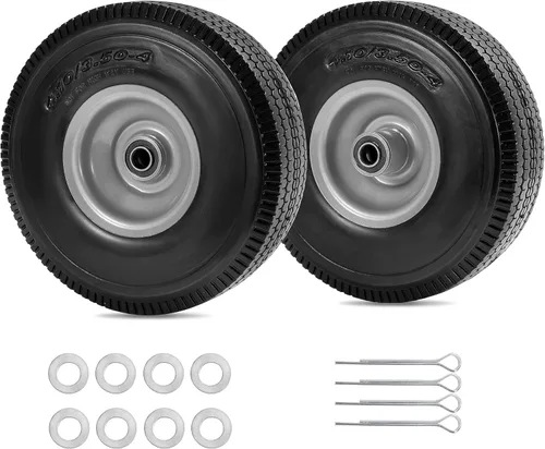 Parts Camp Paquete de 2 neumáticos y ruedas sin planos de 10 pulgadas, neumáticos sólidos 4.10/3.50-4 con orificio de eje de 5/8 pulgadas y cubo de