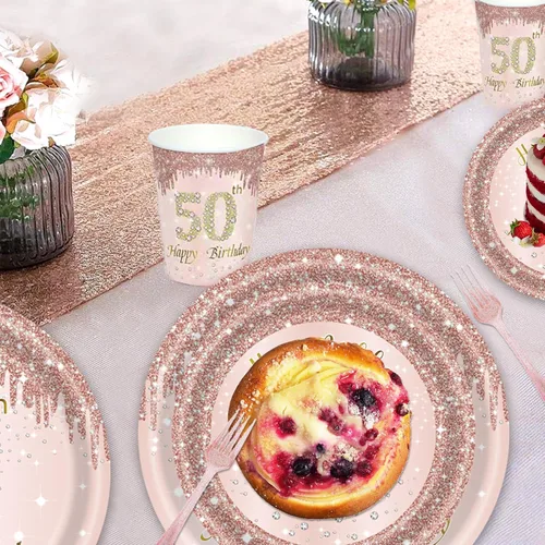 Miniatura 4 de 121 piezas de suministros para fiesta de cumpleaños número 50, platos, servilletas, vasos, tenedores, mantel, color oro rosa, con temática de feliz