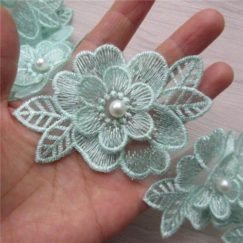 Miniatura 14 de 2 yardas de encaje de flores 3D con perlas bordadas, de poliéster, cinta de encaje con aplicación de patchwork para vestido de novia, manualidades