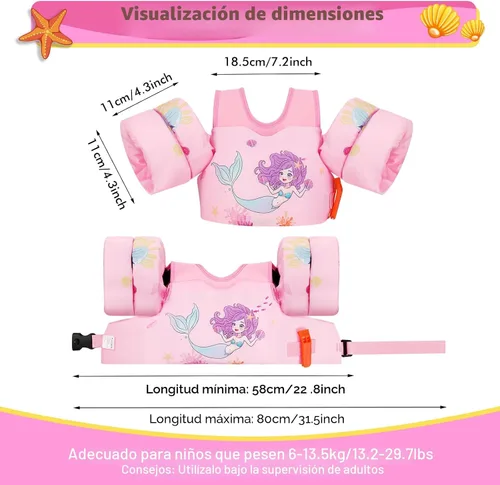 Miniatura 6 de MoKo Chaleco de natación para niños pequeños de 13-30/20-50/22-66 libras, flotadores de brazo de natación de dibujos animados, alas de agua, Sirena